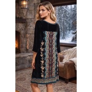 Johnny Was Velvet Embroidered Silk Dress Black Multicolor Boho Holiday Tunic S